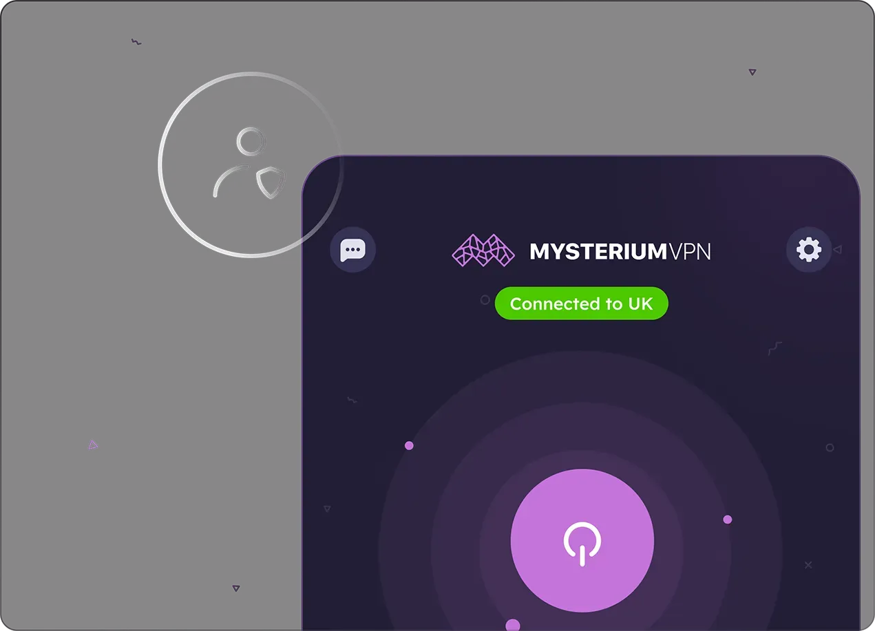 Mysterium VPN interface showing connection status as "Connected to UK" with a central power button and dark purple background.